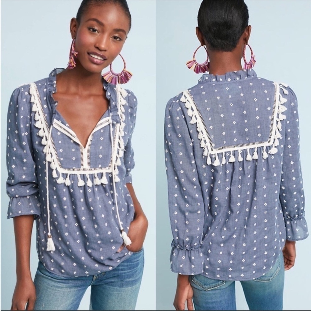 ANTHRO MAEVE Sawyer Boho Chambray Peasant Breezy Flowy Longsleeve Blouse Top